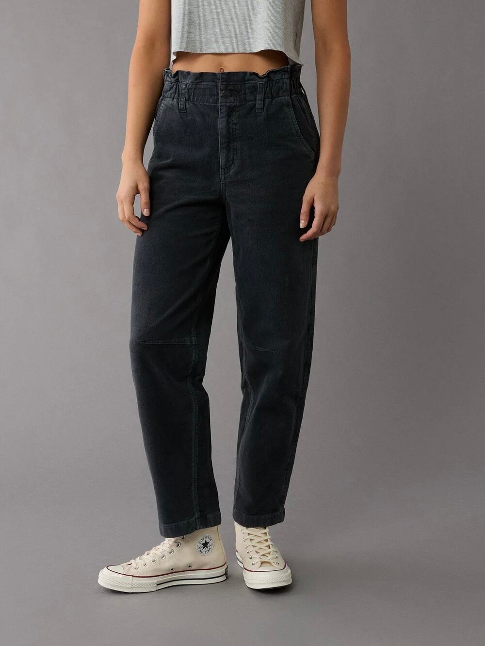 American Eagle Gray Corduroy Barrel Leg Paper Bag Waist Pants Sz.12